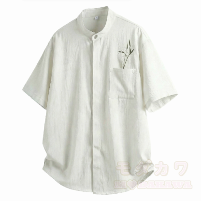 Bamboo Embroidered Mandarin Collar Button-Up Shirt - Light Apricot - 2XL - image 8
