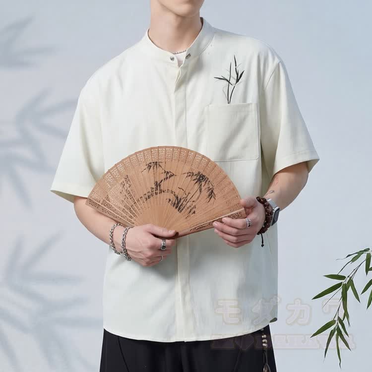 Bamboo Embroidered Mandarin Collar Button-Up Shirt - image 6