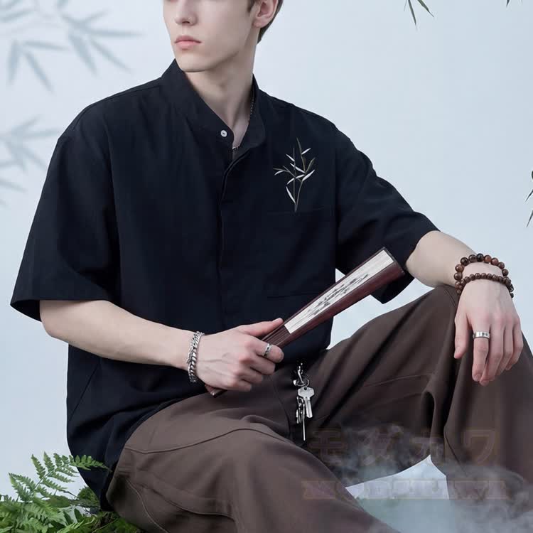 Bamboo Embroidered Mandarin Collar Button-Up Shirt - image 2