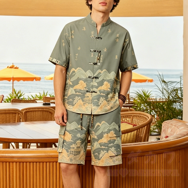 Vintage Print Vacation Frog Button Shirt Shorts Set - Dark Khaki - 4XL - image 8