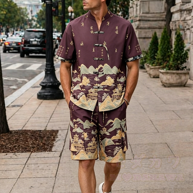 Vintage Print Vacation Frog Button Shirt Shorts Set - Red - 4XL - image 1