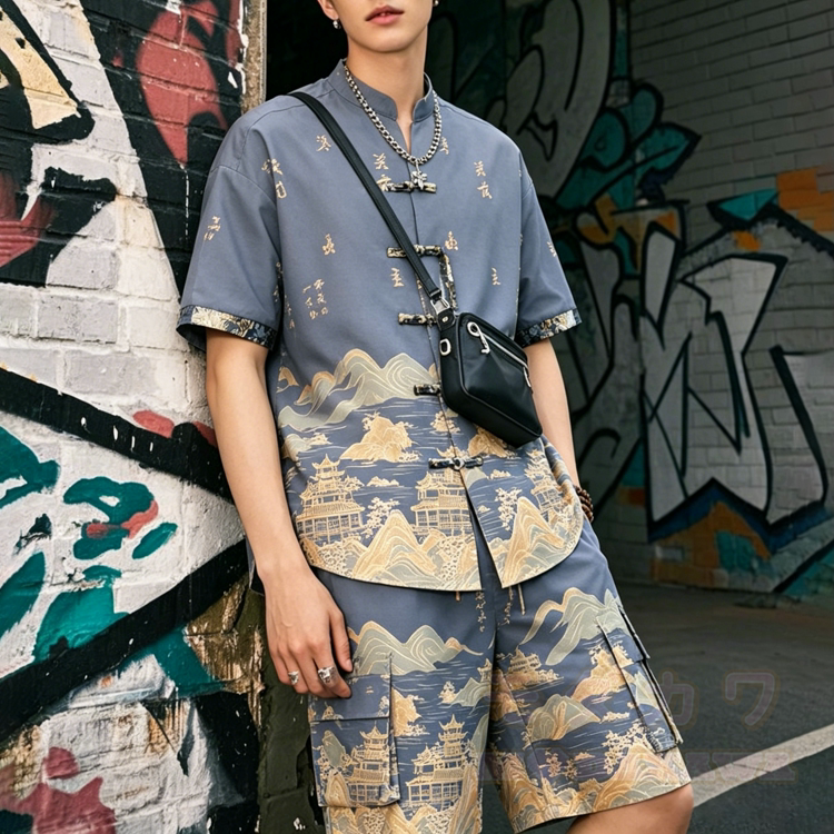 Vintage Print Vacation Frog Button Shirt Shorts Set - Blue - 4XL - image 2