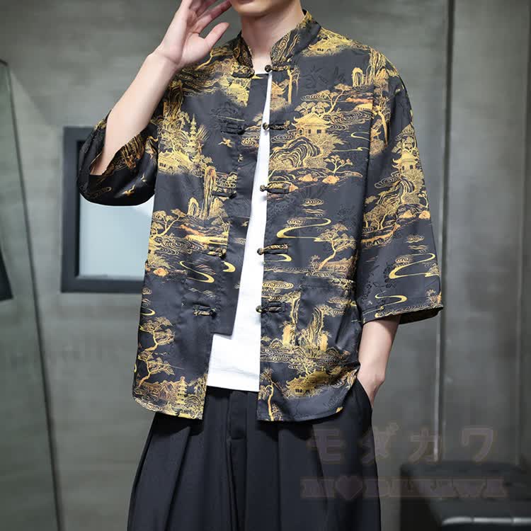 Chinese Dragon Print Frog Button Open Front Mandarin Shirt - Multicolor C - 5XL - image 5