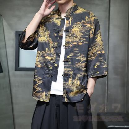 Chinese Dragon Print Frog Button Open Front Mandarin Shirt - Multicolor C - 5XL - image 5