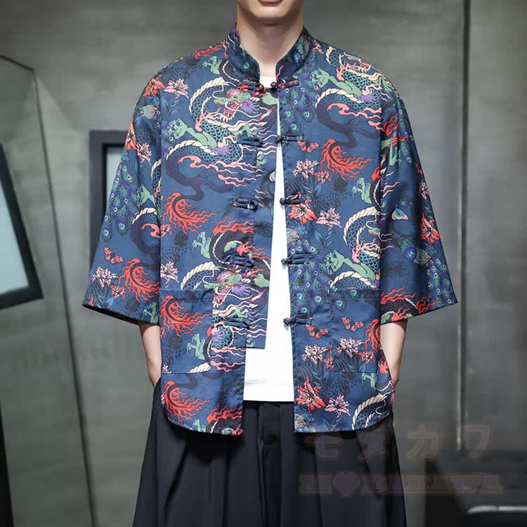 Chinese Dragon Print Frog Button Open Front Mandarin Shirt - Multicolor B - 5XL - image 2