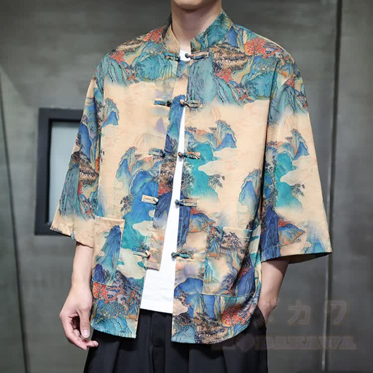 Chinese Dragon Print Frog Button Open Front Mandarin Shirt - Multicolor E - 5XL - image 7