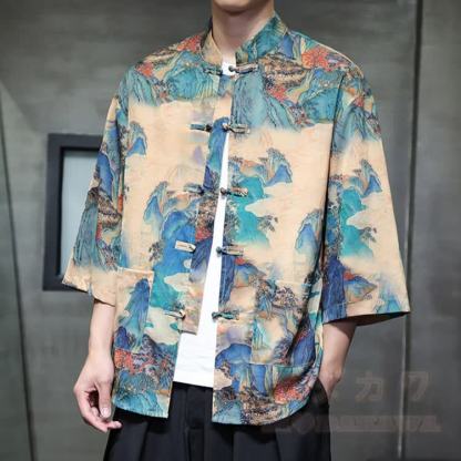 Chinese Dragon Print Frog Button Open Front Mandarin Shirt - Multicolor E - 5XL - image 7
