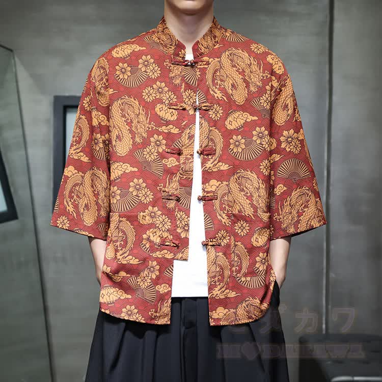 Chinese Dragon Print Frog Button Open Front Mandarin Shirt - Multicolor A - 5XL - image 1