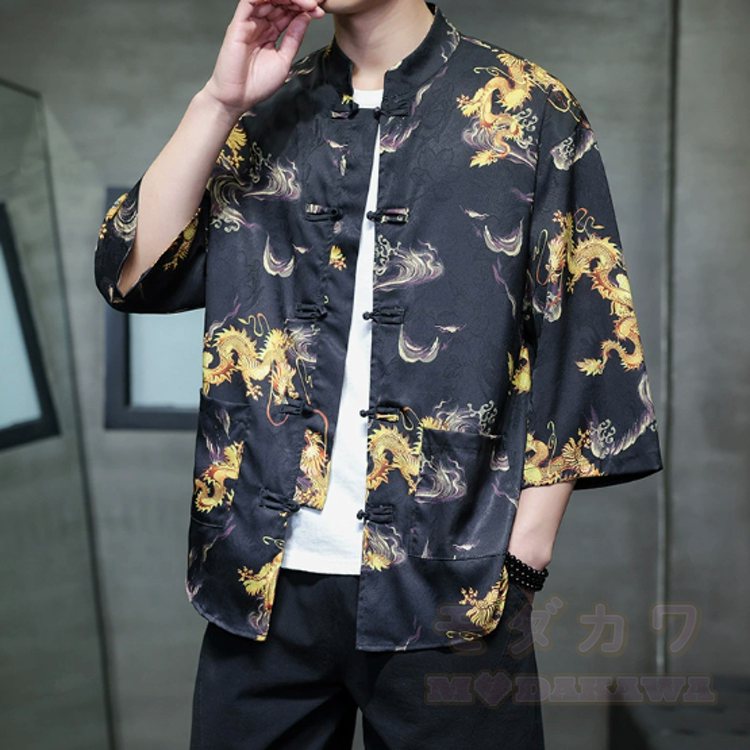 Chinese Dragon Print Frog Button Open Front Mandarin Shirt - Multicolor F - 5XL - image 8