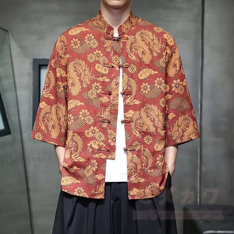 Chinese Dragon Print Frog Button Open Front Mandarin Shirt - Multicolor A - 5XL - image 1