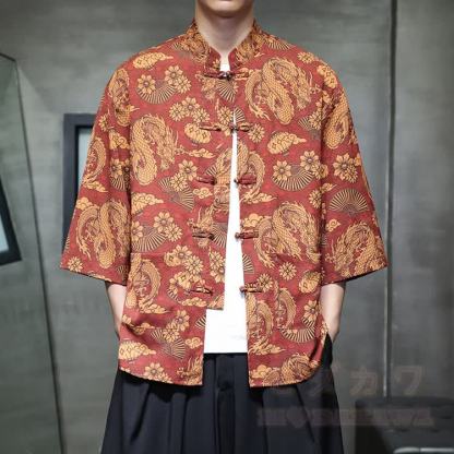 Chinese Dragon Print Frog Button Open Front Mandarin Shirt - Multicolor A - 5XL - image 1