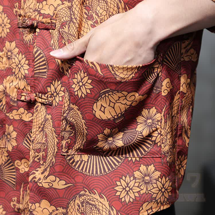 Chinese Dragon Print Frog Button Open Front Mandarin Shirt - image 4