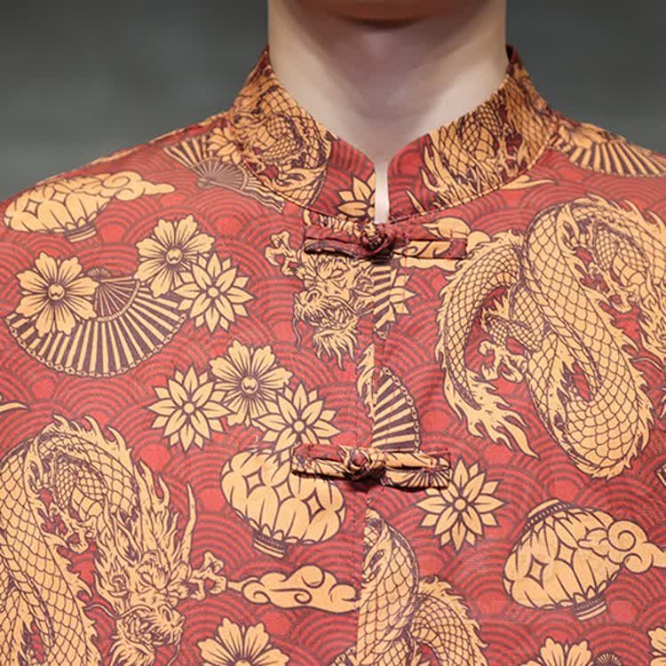 Chinese Dragon Print Frog Button Open Front Mandarin Shirt - image 3