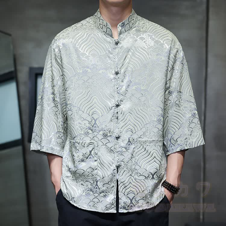 Oversized Dragon Jacquard Mandarin Collar Shirt - Cloud Silver Gray - 5XL - image 4