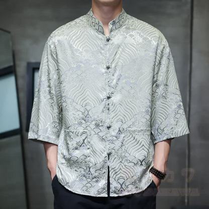 Oversized Dragon Jacquard Mandarin Collar Shirt - Cloud Silver Gray - 5XL - image 4