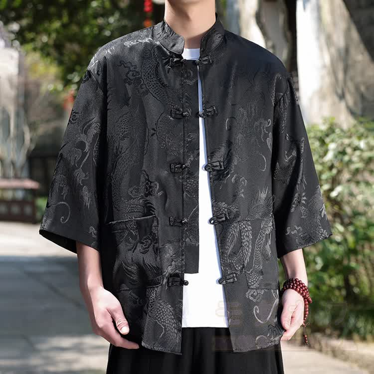 Oversized Dragon Jacquard Mandarin Collar Shirt - Dragon Black - 5XL - image 1