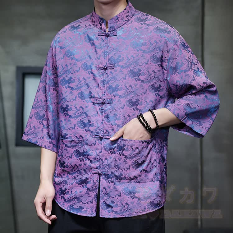 Oversized Dragon Jacquard Mandarin Collar Shirt - Purple - 5XL - image 7