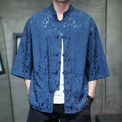 Oversized Dragon Jacquard Mandarin Collar Shirt - Rose Dark Blue - 5XL - image 10