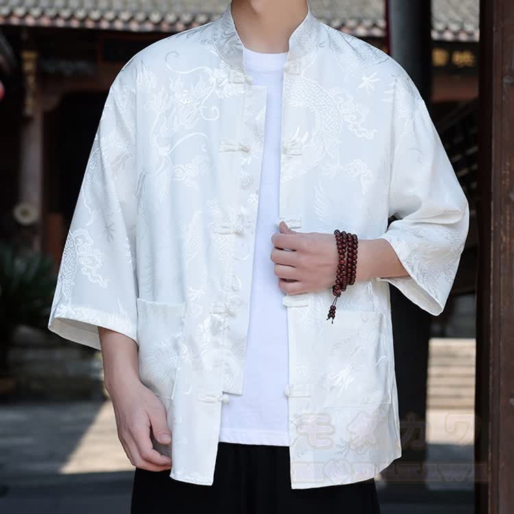 Oversized Dragon Jacquard Mandarin Collar Shirt - Dragon White - 5XL - image 12