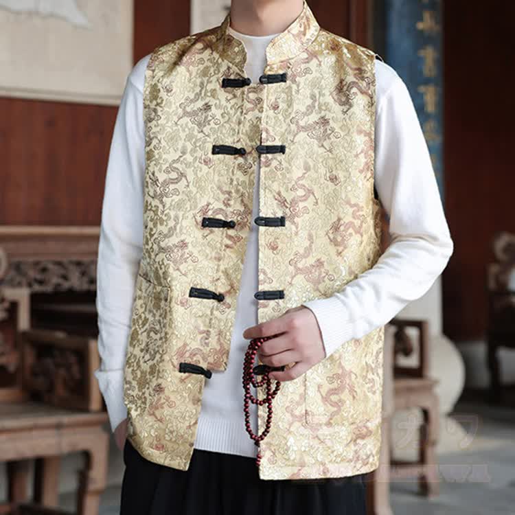 Dragon Print Frog Button Mandarin Collar Vest - Gold - 5XL - image 1