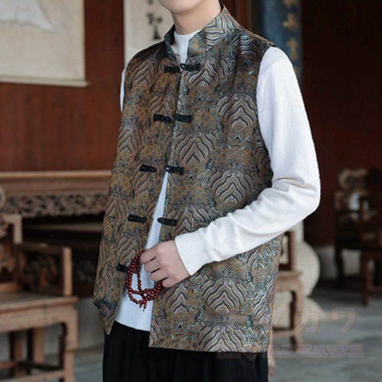 Dragon Print Frog Button Mandarin Collar Vest - Brown - 5XL - image 2