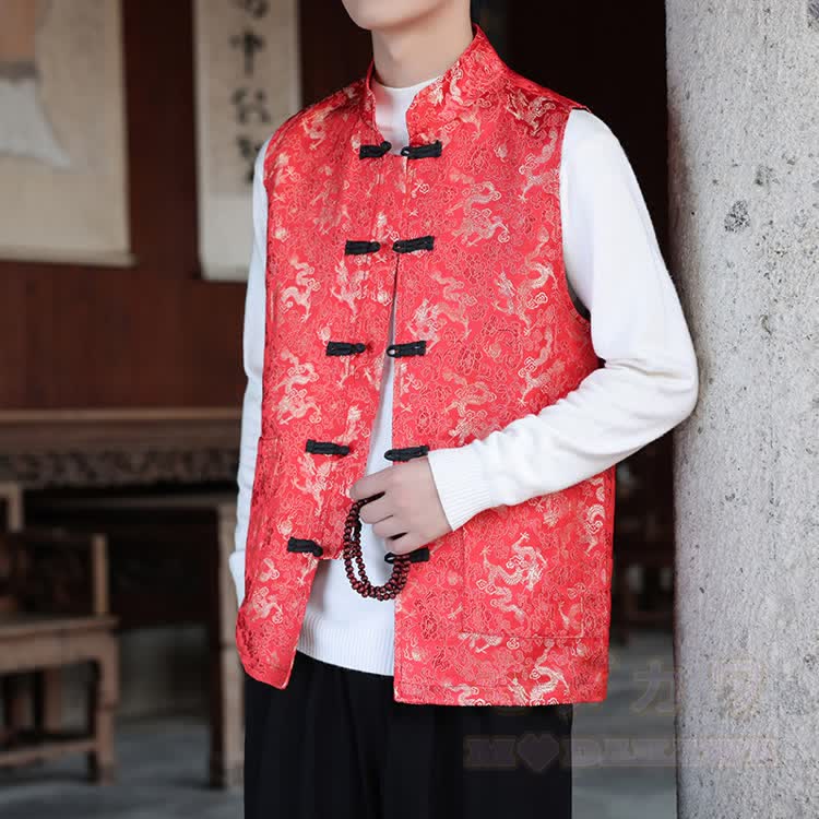 Dragon Print Frog Button Mandarin Collar Vest - Red - 5XL - image 3