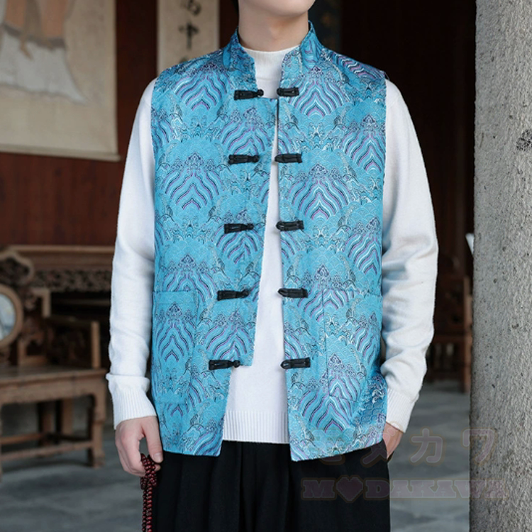 Dragon Print Frog Button Mandarin Collar Vest - Blue - 5XL - image 5