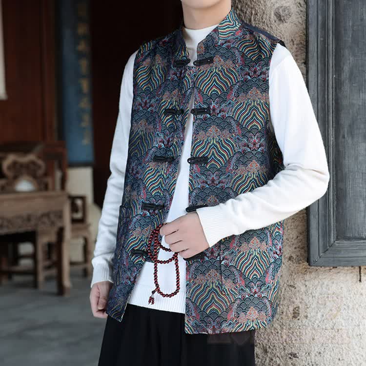 Dragon Print Frog Button Mandarin Collar Vest - Multicolor - 5XL - image 6