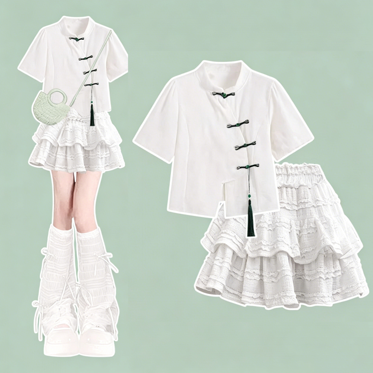 Tassel Frog Button Top with Layered Lace Mini Skirt - Set【Top+Skirt 】 - XL - image 1