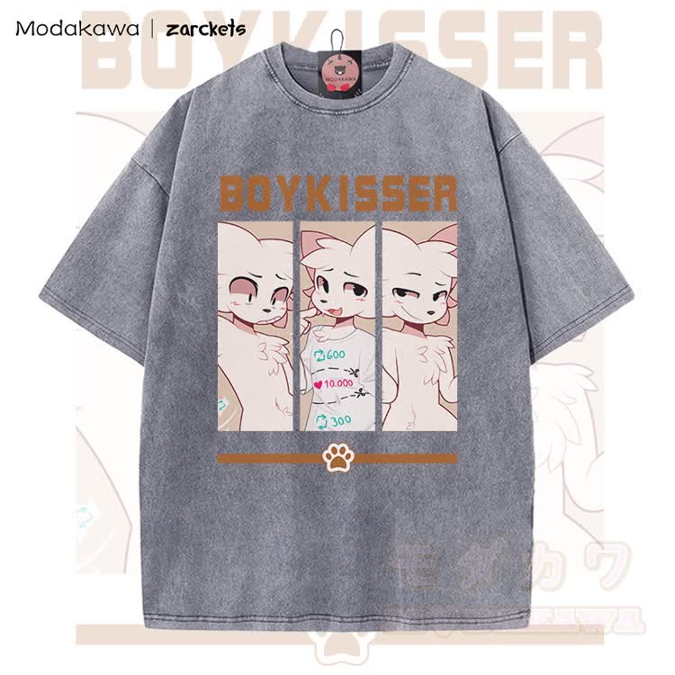 MODAKAWA X zarckets BOYKISSER Anime Cat Character Graphic Vintage Washed T-shirt - Grey - 5XL - image 2