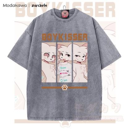 MODAKAWA X zarckets BOYKISSER Anime Cat Character Graphic Vintage Washed T-shirt - Grey - 5XL - image 2