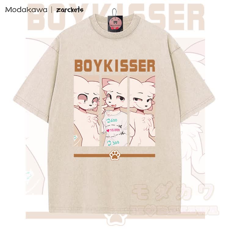 MODAKAWA X zarckets BOYKISSER Anime Cat Character Graphic Vintage Washed T-shirt - Apricot - 5XL - image 1