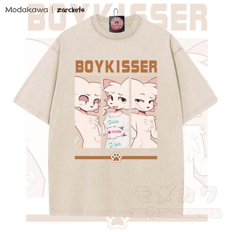 MODAKAWA X zarckets BOYKISSER Anime Cat Character Graphic Vintage Washed T-shirt - Apricot - 5XL - image 1
