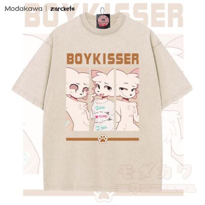 MODAKAWA X zarckets BOYKISSER Anime Cat Character Graphic Vintage Washed T-shirt - Apricot - 5XL - image 1