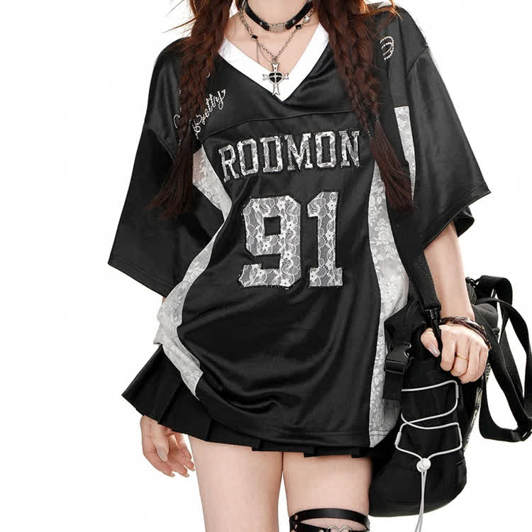 Number Graphic Oversized V-neck T-shirt - image 3