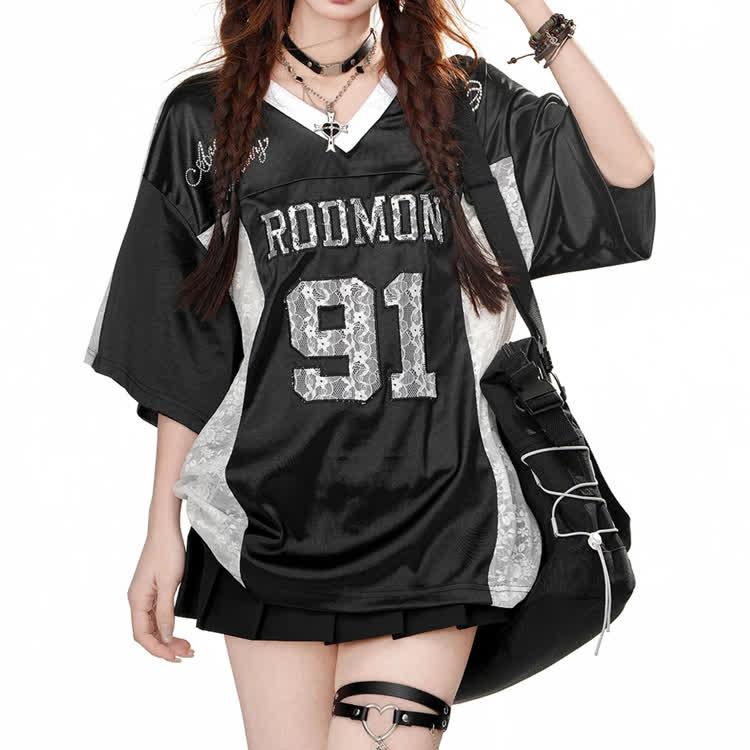 Number Graphic Oversized V-neck T-shirt - Black - 5XL - image 2