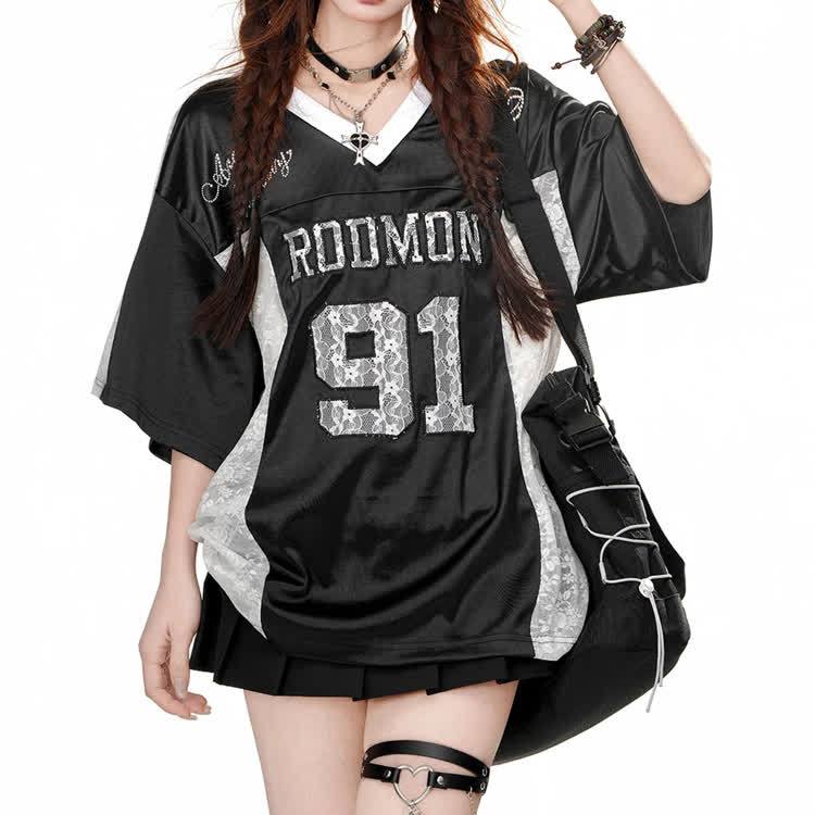 Number Graphic Oversized V-neck T-shirt - Black - 5XL - image 2