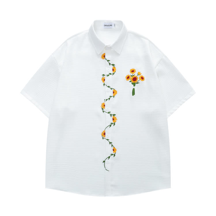 Sunflower Embroidered Black Button-Up Shirt - White - XL - image 3