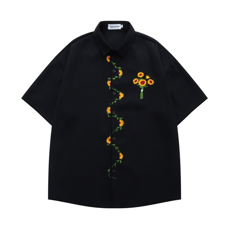 Sunflower Embroidered Black Button-Up Shirt - Black - XL - image 2