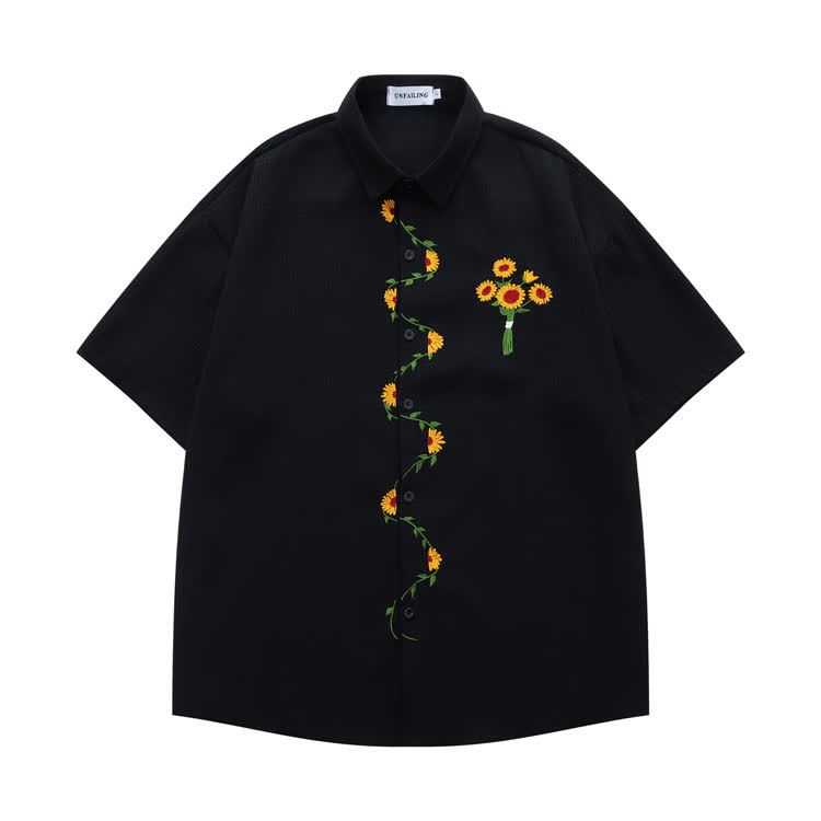 Sunflower Embroidered Black Button-Up Shirt - Black - XL - image 2