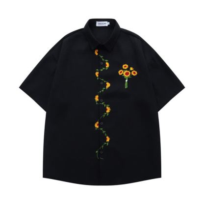 Sunflower Embroidered Black Button-Up Shirt - Black - XL - image 2
