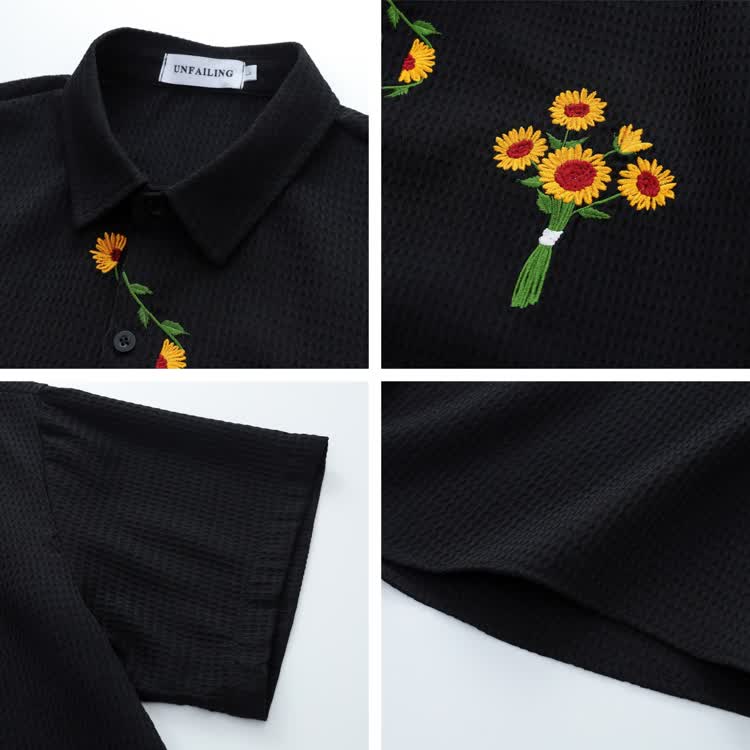 Sunflower Embroidered Black Button-Up Shirt - image 5