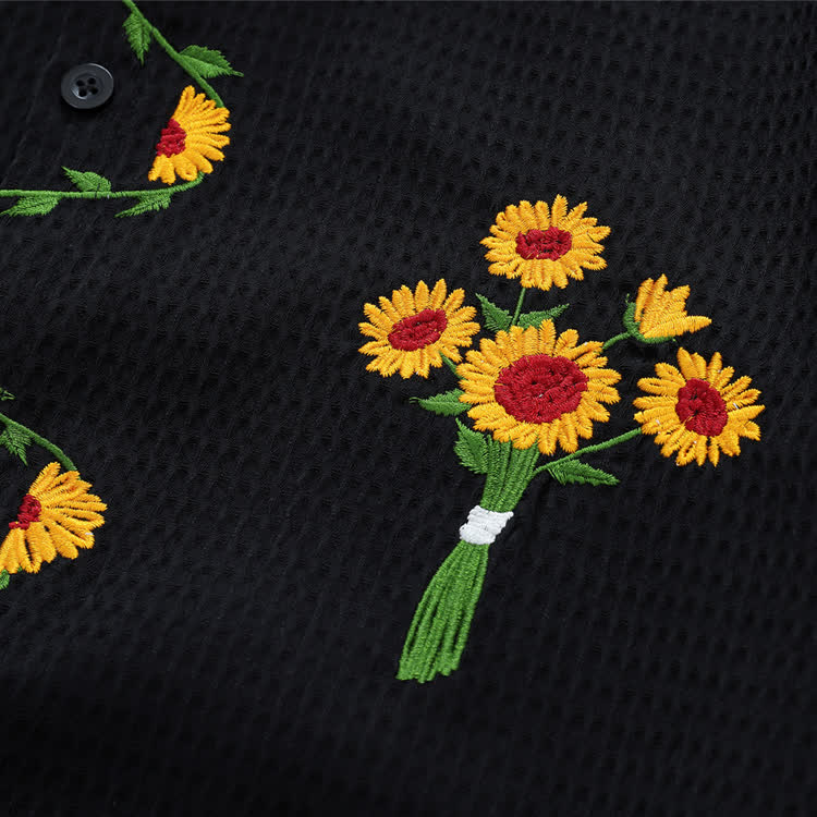 Sunflower Embroidered Black Button-Up Shirt - image 6