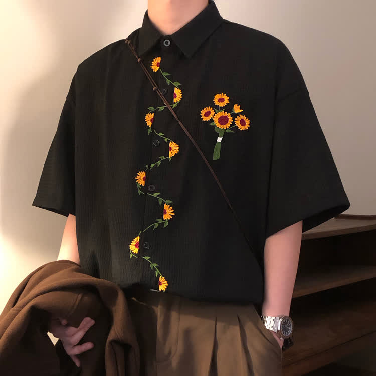 Sunflower Embroidered Black Button-Up Shirt - image 1