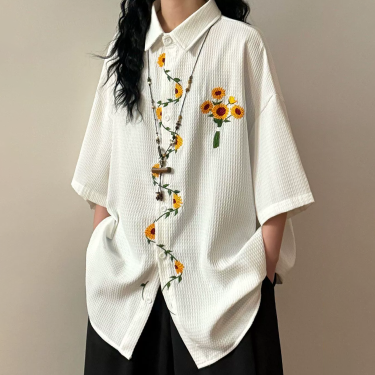 Sunflower Embroidered Black Button-Up Shirt - image 4