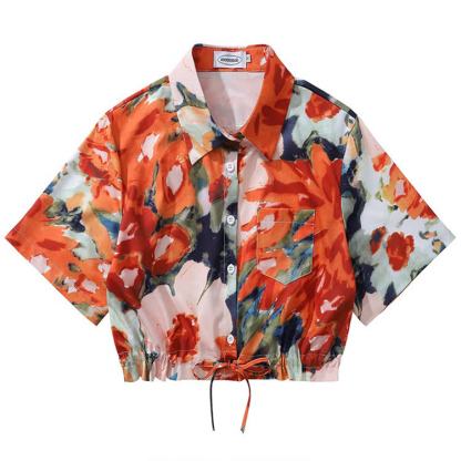 Vintage Print Short Sleeve Button-Up Shirt - Multicolor A - L - image 2