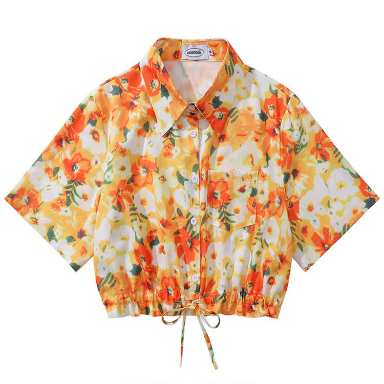 Vintage Print Short Sleeve Button-Up Shirt - Multicolor B - L - image 3