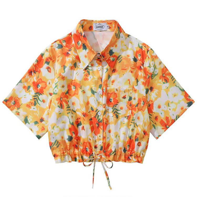 Vintage Print Short Sleeve Button-Up Shirt - Multicolor B - L - image 3
