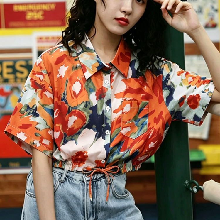 Vintage Print Short Sleeve Button-Up Shirt - image 1