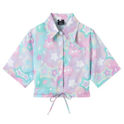 Animal Print Short Sleeve Button-Up Shirt - Multicolor E - L - image 6